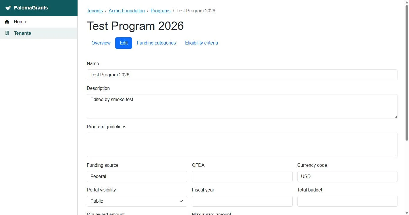 Editing a grant program's details in PalomaGrants